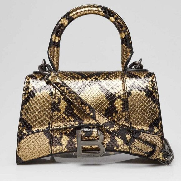 Balenciaga Black/Gold Metallic Faux Python Leather Hourglass XS Top Handle Bag - Picture 1 of 1